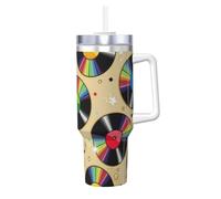 Poadnly discos de vinilo,Vaso Ice Bully de 40 oz con asa, tapa, pajita, de acero inoxidable, taza de café para coche.