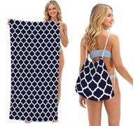 Poadnly Diseño geométrico marroquí Moderno en Azul Marino, Bolsa con Toalla Plegable 2 en 1, Toallas de Playa con Mochila de cordón para Viajes, Vacaciones y Acampada