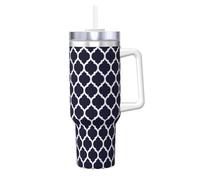 Poadnly Diseño geométrico marroquí moderno en azul marino,Vaso Ice Bully de 40 oz con asa, tapa, pajita, de acero inoxidable, taza de café para coche.