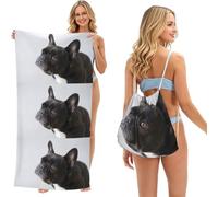 Poadnly Dulce Mascota, Lindo Cachorro de Bulldog francés Negro, Bolsa con Toalla Plegable 2 en 1, Toallas de Playa con Mochila de cordón para Viajes, Vacaciones y Acampada