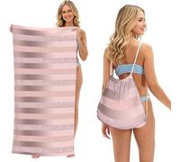 Poadnly Elegante Raya Rosa Rubor con Purpurina Oro Rosa, Bolsa con Toalla Plegable 2 en 1, Toallas de Playa con Mochila de cordón para Viajes, Vacaciones y Acampada