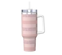 Poadnly Elegante raya rosa rubor con purpurina oro rosa,Vaso Ice Bully de 40 oz con asa, tapa, pajita, de acero inoxidable, taza de café para coche.