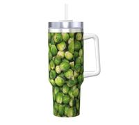 Poadnly Estampado de coles de Bruselas verdes,Vaso Ice Bully de 40 oz con asa, tapa, pajita, de acero inoxidable, taza de café para coche.