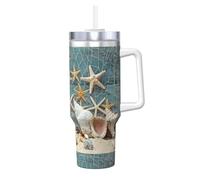 Poadnly Estrella de mar en la playa sobre una red de pesca,Vaso Ice Bully de 40 oz con asa, tapa, pajita, de acero inoxidable, taza de café para coche.