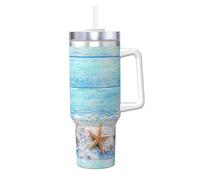Poadnly Estrellas de mar sobre sal marina,Vaso Ice Bully de 40 oz con asa, tapa, pajita, de acero inoxidable, taza de café para coche.