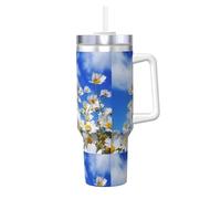 Poadnly Flor de margarita fragante,Vaso Ice Bully de 40 oz con asa, tapa, pajita, de acero inoxidable, taza de café para coche.