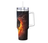 Poadnly Fuego de hockey sobre hielo,Vaso Ice Bully de 40 oz con asa, tapa, pajita, de acero inoxidable, taza de café para coche.