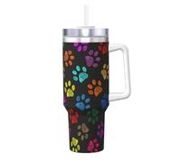 Poadnly Garabato Huella de Pata Gato Perro Negro,Vaso Ice Bully de 40 oz con asa, tapa, pajita, de acero inoxidable, taza de café para coche.