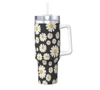 Poadnly Hermosas margaritas blancas,Vaso Ice Bully de 40 oz con asa, tapa, pajita, de acero inoxidable, taza de café para coche.