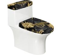 Poadnly Hojas Tropicales Doradas y Negras,Juego de 2 Tapas Reutilizables para Inodoro, Resistentes al Polvo y a Las Salpicaduras, Ideales para el baño.