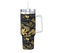 Poadnly Hojas tropicales doradas y negras,Vaso Ice Bully de 40 oz con asa, tapa, pajita, de acero inoxidable, taza de café para coche.