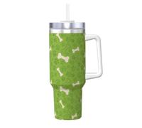 Poadnly Huesos de patas de perro verdes,Vaso Ice Bully de 40 oz con asa, tapa, pajita, de acero inoxidable, taza de café para coche.