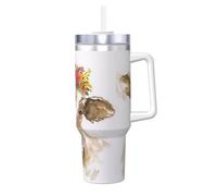 Poadnly Linda vaca de acuarela,Vaso Ice Bully de 40 oz con asa, tapa, pajita, de acero inoxidable, taza de café para coche.