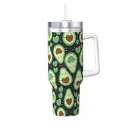Poadnly Lindo diseño sin costuras de corazón de aguacate,Vaso Ice Bully de 40 oz con asa, tapa, pajita, de acero inoxidable, taza de café para coche.