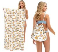 Poadnly Lindo Perro Corgi sobre una Tela a Rayas., Bolsa con Toalla Plegable 2 en 1, Toallas de Playa con Mochila de cordón para Viajes, Vacaciones y Acampada