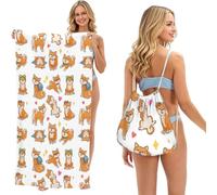 Poadnly Lindo Shiba Inu y Divertido patrón de Perro, Bolsa con Toalla Plegable 2 en 1, Toallas de Playa con Mochila de cordón para Viajes, Vacaciones y Acampada