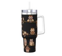Poadnly Lindos búhos marrones de dibujos animados,Vaso Ice Bully de 40 oz con asa, tapa, pajita, de acero inoxidable, taza de café para coche.