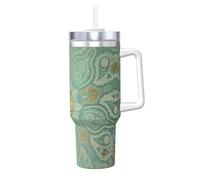 Poadnly Mandala celta en verde salvia suave y dorado,Vaso Ice Bully de 40 oz con asa, tapa, pajita, de acero inoxidable, taza de café para coche.