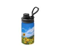 Poadnly Mar de girasoles y cielo azul con nubes blancas,Botella de agua aislada de 12 oz, taza de café de acero inoxidable, termo al vacío, botella de agua