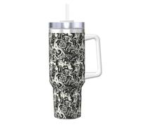 Poadnly Mármol blanco y negro con patrón de ondas abstractas,Vaso Ice Bully de 40 oz con asa, tapa, pajita, de acero inoxidable, taza de café para coche.