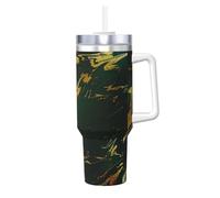 Poadnly Mármol dorado con tonos tierra verde esmeralda intenso,Vaso Ice Bully de 40 oz con asa, tapa, pajita, de acero inoxidable, taza de café para coche.