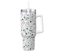 Poadnly Mármol terrazo pastel,Vaso Ice Bully de 40 oz con asa, tapa, pajita, de acero inoxidable, taza de café para coche.