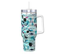 Poadnly Música en acuarela, ramas y hojas,Vaso Ice Bully de 40 oz con asa, tapa, pajita, de acero inoxidable, taza de café para coche.