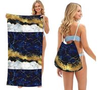 Poadnly Ola de mármol Blanco Dorado Azul Marino, Bolsa con Toalla Plegable 2 en 1, Toallas de Playa con Mochila de cordón para Viajes, Vacaciones y Acampada
