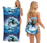 Poadnly Ola de orcas asesinas, Bolsa con Toalla Plegable 2 en 1, Toallas de Playa con Mochila de cordón para Viajes, Vacaciones y Acampada