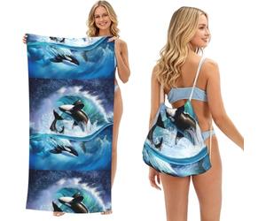 Poadnly Ola de orcas asesinas, Bolsa con Toalla Plegable 2 en 1, Toallas de Playa con Mochila de cordón para Viajes, Vacaciones y Acampada