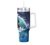Poadnly Ola de orcas asesinas,Vaso Ice Bully de 40 oz con asa, tapa, pajita, de acero inoxidable, taza de café para coche.