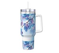 Poadnly Orquídeas y flores naturales,Vaso Ice Bully de 40 oz con asa, tapa, pajita, de acero inoxidable, taza de café para coche.