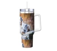 Poadnly Pastor australiano, nieve, invierno, perros hermosos,Vaso Ice Bully de 40 oz con asa, tapa, pajita, de acero inoxidable, taza de café para coche.