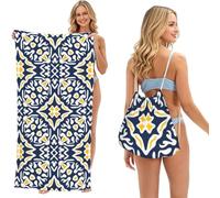 Poadnly Patrón de Azulejos mediterráneos Azul Marino y Amarillo, Bolsa con Toalla Plegable 2 en 1, Toallas de Playa con Mochila de cordón para Viajes, Vacaciones y Acampada