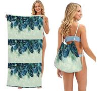 Poadnly Patrón de Plumas de Pavo Real, Bolsa con Toalla Plegable 2 en 1, Toallas de Playa con Mochila de cordón para Viajes, Vacaciones y Acampada