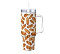 Poadnly Perrito caliente de comida rápida,Vaso Ice Bully de 40 oz con asa, tapa, pajita, de acero inoxidable, taza de café para coche.