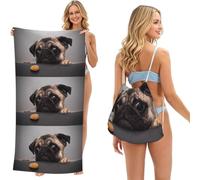 Poadnly Perro Carlino Gracioso y codicioso, Bolsa con Toalla Plegable 2 en 1, Toallas de Playa con Mochila de cordón para Viajes, Vacaciones y Acampada