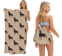 Poadnly Perro Rottweiler con Huellas y Huesos, Bolsa con Toalla Plegable 2 en 1, Toallas de Playa con Mochila de cordón para Viajes, Vacaciones y Acampada