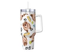 Poadnly Perro sonriente Yorkshire Terrier,Vaso Ice Bully de 40 oz con asa, tapa, pajita, de acero inoxidable, taza de café para coche.