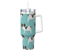 Poadnly Perros Papillon Lindo Perro Spaniel de Juguete,Vaso Ice Bully de 40 oz con asa, tapa, pajita, de acero inoxidable, taza de café para coche.