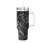 Poadnly Piedra de mármol gris grafito plateado negro,Vaso Ice Bully de 40 oz con asa, tapa, pajita, de acero inoxidable, taza de café para coche.