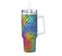 Poadnly Piel de jaguar arcoíris,Vaso Ice Bully de 40 oz con asa, tapa, pajita, de acero inoxidable, taza de café para coche.