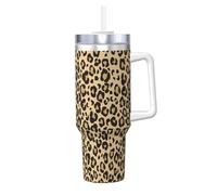 Poadnly Piel de leopardo Guepardo Jaguar,Vaso Ice Bully de 40 oz con asa, tapa, pajita, de acero inoxidable, taza de café para coche.