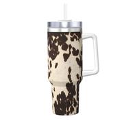 Poadnly Piel de vaca marrón estampada,Vaso Ice Bully de 40 oz con asa, tapa, pajita, de acero inoxidable, taza de café para coche.