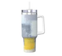 Poadnly Pintura abstracta en gris y amarillo,Vaso Ice Bully de 40 oz con asa, tapa, pajita, de acero inoxidable, taza de café para coche.