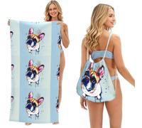 Poadnly Pintura de Bulldog francés, Bolsa con Toalla Plegable 2 en 1, Toallas de Playa con Mochila de cordón para Viajes, Vacaciones y Acampada