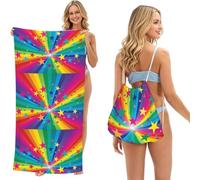 Poadnly Rayos de Confeti de arcoíris y Estrellas, Bolsa con Toalla Plegable 2 en 1, Toallas de Playa con Mochila de cordón para Viajes, Vacaciones y Acampada