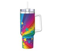 Poadnly Rayos de confeti de arcoíris y estrellas,Vaso Ice Bully de 40 oz con asa, tapa, pajita, de acero inoxidable, taza de café para coche.