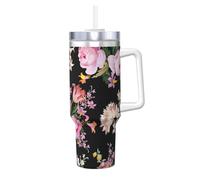 Poadnly Rosas rosadas vintage sobre fondo natural,Vaso Ice Bully de 40 oz con asa, tapa, pajita, de acero inoxidable, taza de café para coche.