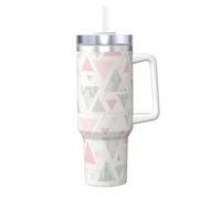 Poadnly Triángulo geométrico de mármol rosa gris plateado,Vaso Ice Bully de 40 oz con asa, tapa, pajita, de acero inoxidable, taza de café para coche.